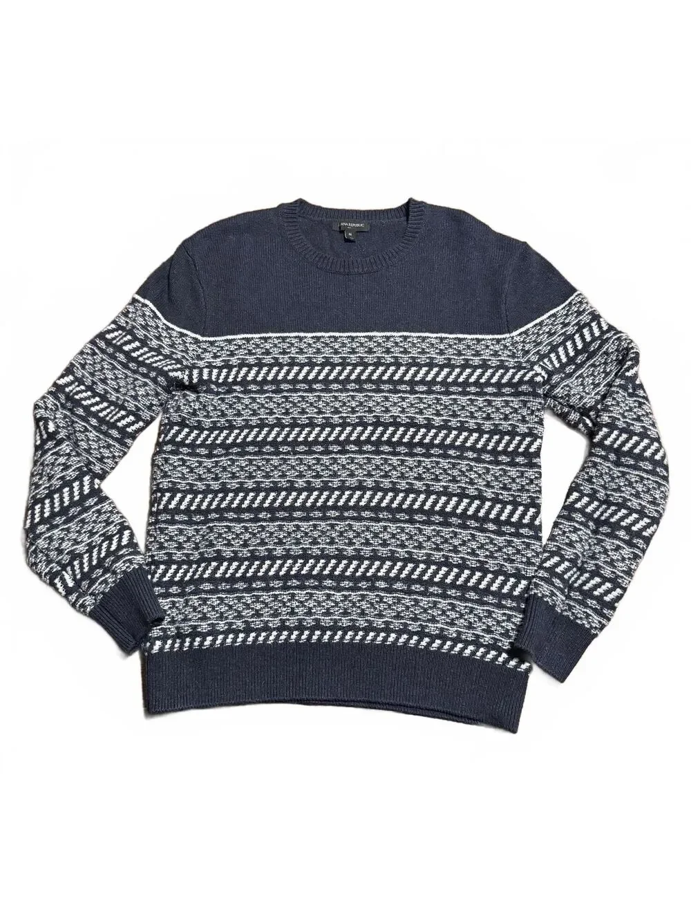 Banana Republic Mens Fair Isle Crew Neck Sweater M Navy Blue Geometric Textured